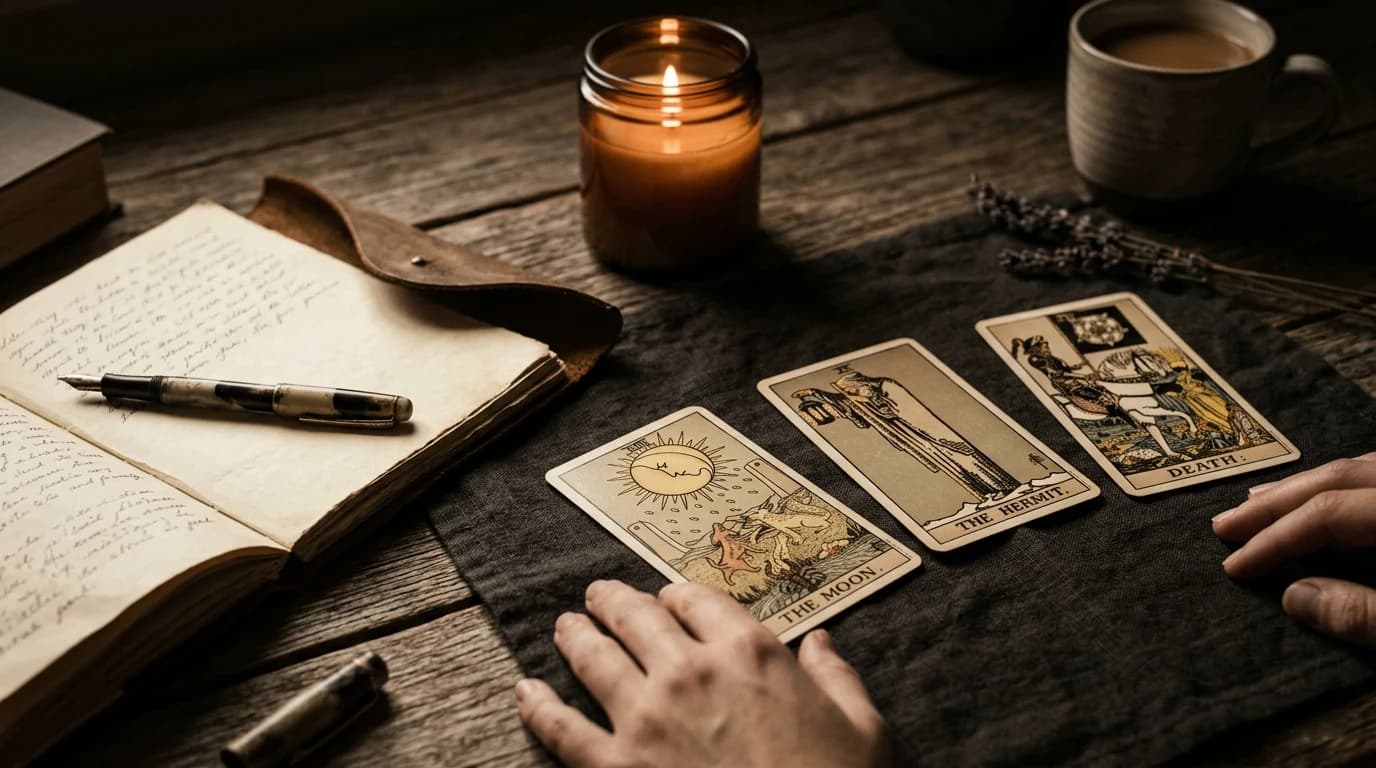 The Moon, The Hermit, and Death tarot cards laid on dark cloth beside an open journal and candle.
