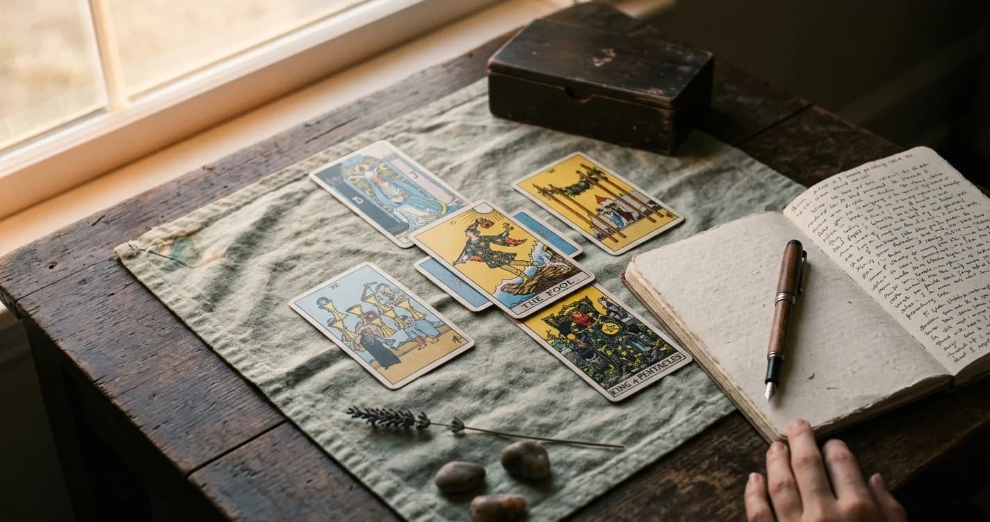 The Fool, The High Priestess, Four of Wands, Seven of Cups, and King of Pentacles tarot cards laid beside an open notebook and pen.