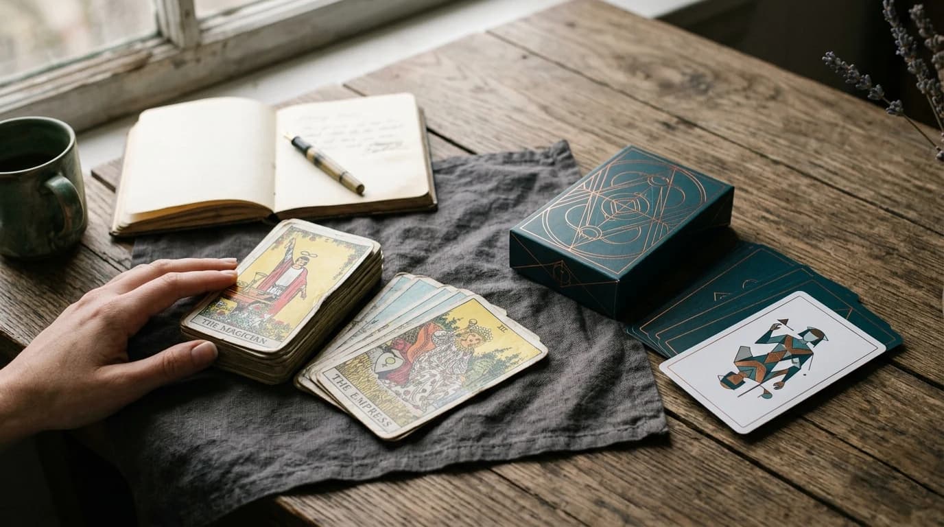 Two tarot decks on a table: a Rider-Waite-Smith deck with The Magician and The Empress visible, and a modern geometric deck beside an open journal.