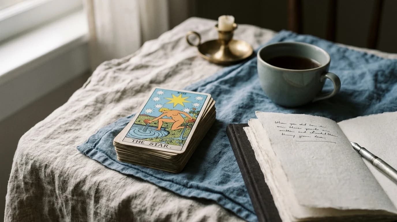 The Rider-Waite-Smith Star tarot card rests on top of a tarot deck beside an open handwritten notebook and a mug.