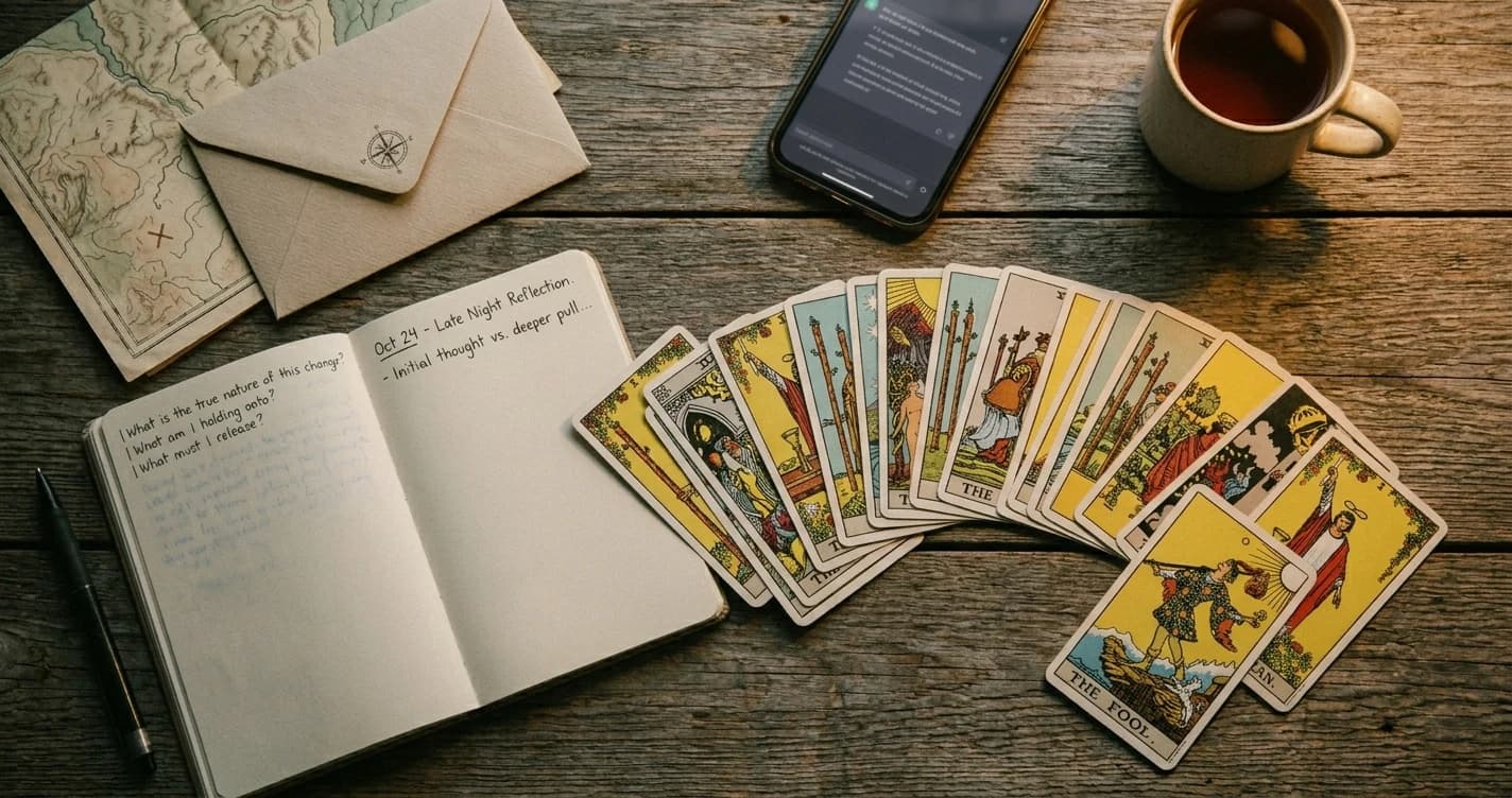 A fan of Rider-Waite-Smith tarot cards with The Fool and The Magician prominent, beside an open journal and a smartphone showing a chat interface.