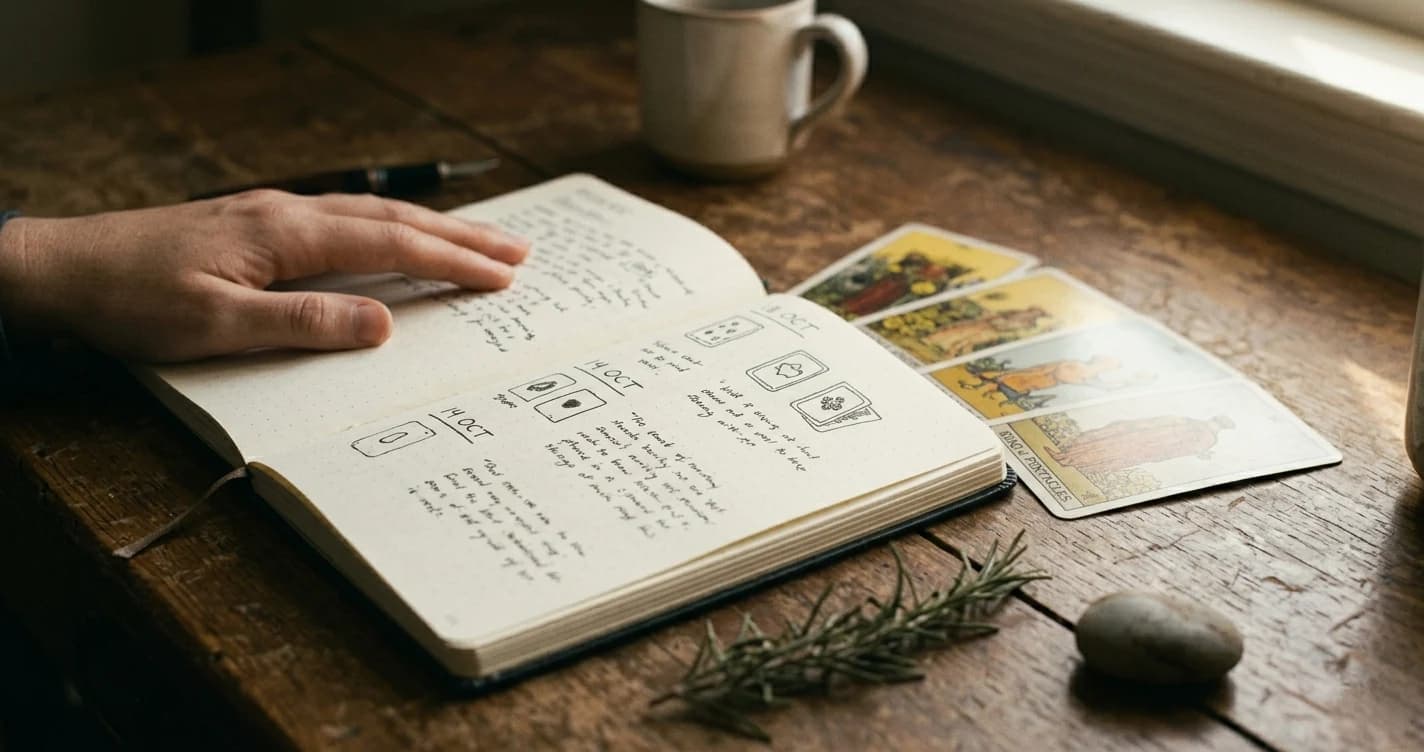 An open tarot journal with dated entries and card sketches beside four tarot cards on a wooden table.
