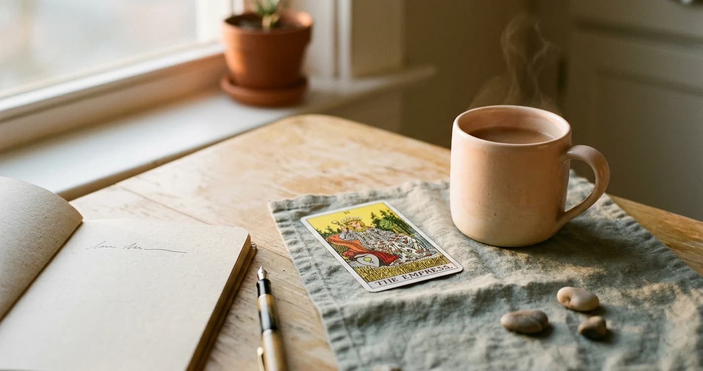 The Empress tarot card on a cloth beside an open journal, pen, and steaming mug.