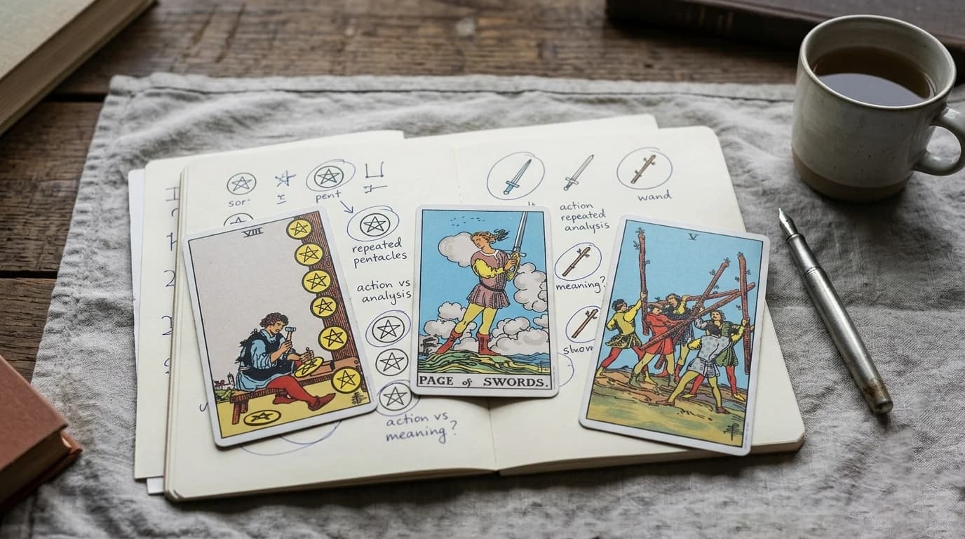 Rider-Waite-Smith tarot cards showing the Eight of Pentacles, Page of Swords, and Five of Wands laid across an open tarot journal filled with card symbols and handwritten notes.