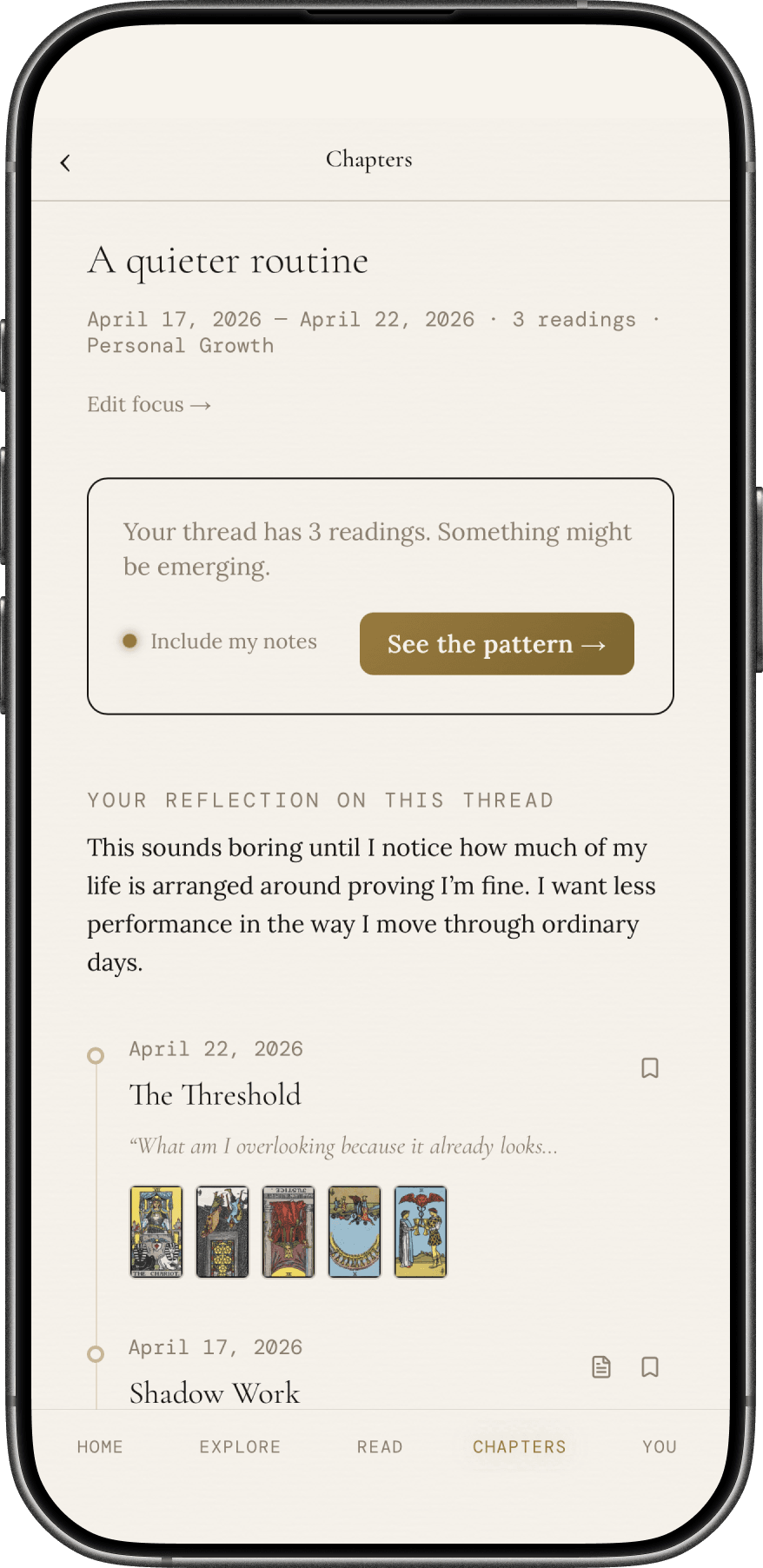 Liminal Tarot chapter detail with readings