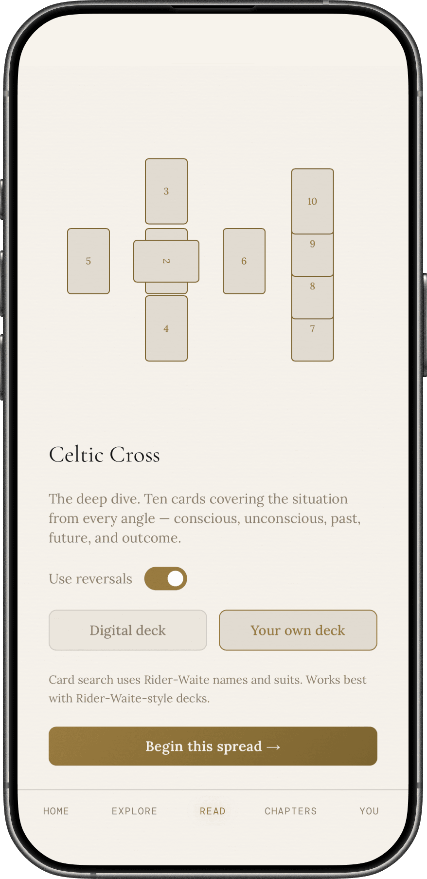 Liminal Tarot spread setup — choose the digital deck or your own physical deck