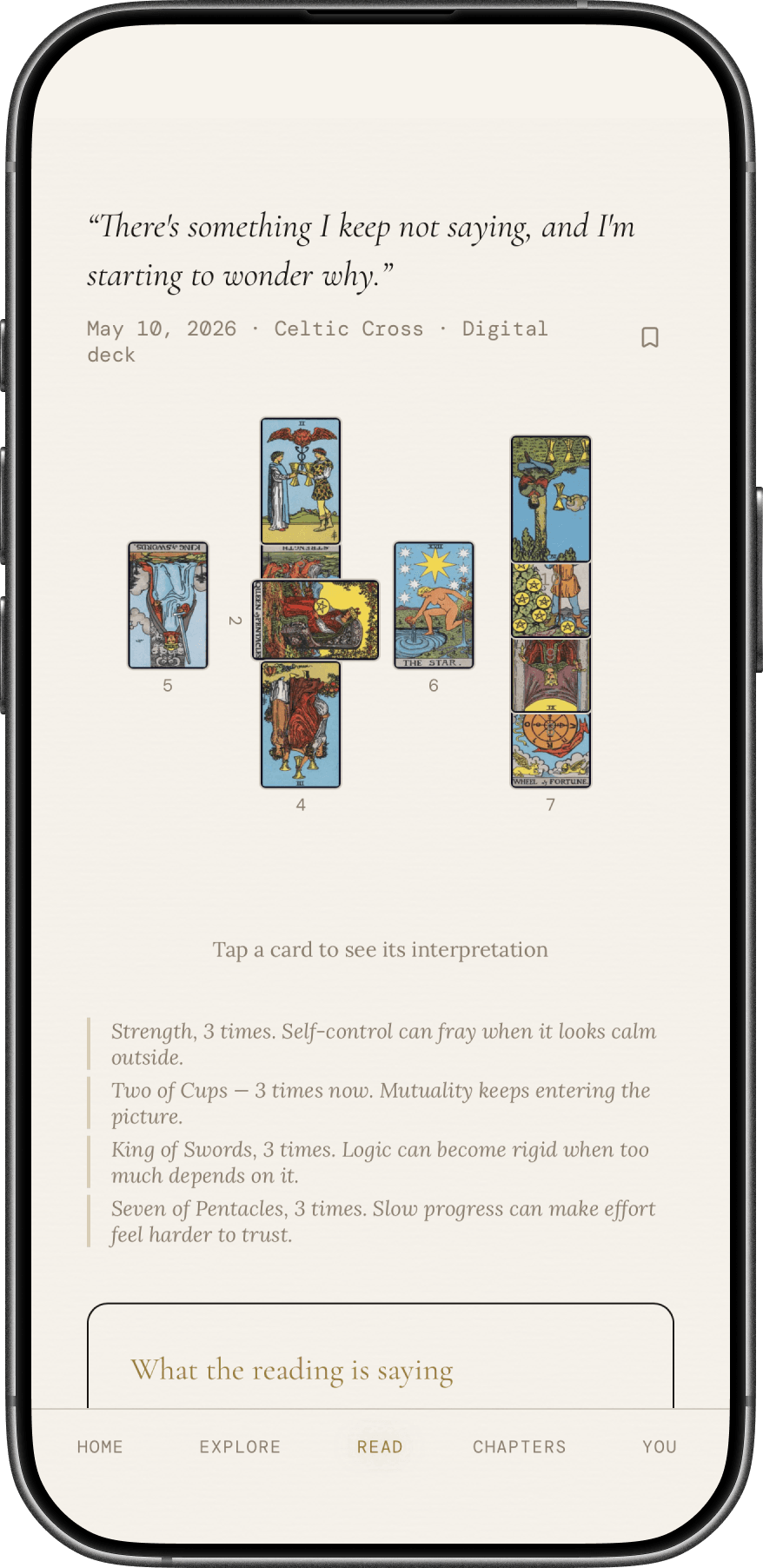 Liminal Tarot reading detail with recurring-card notes and synthesis