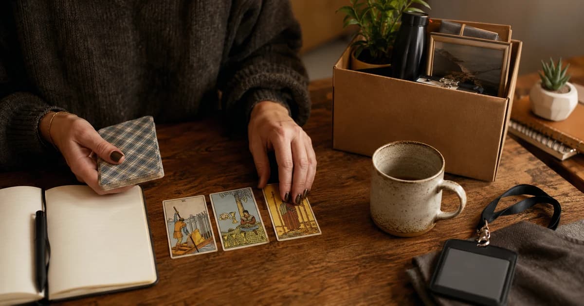 Six of Swords, Four of Cups, and Three of Wands tarot cards laid beside an open notebook, mug, and a box of office belongings.