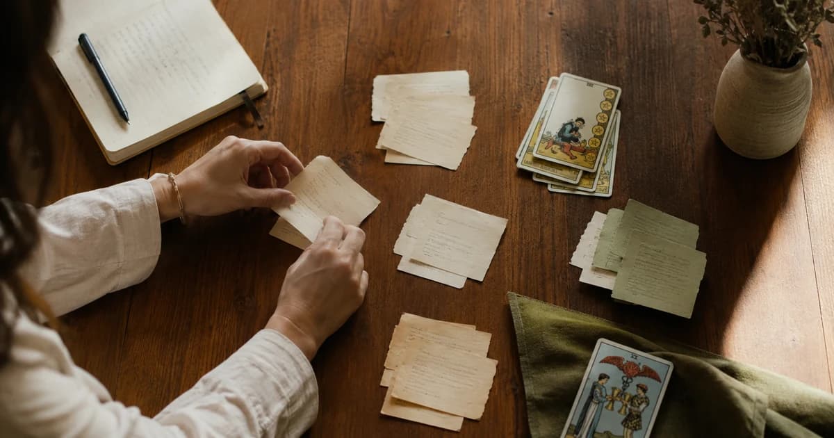 A person sorting handwritten question cards into piles beside a tarot deck, with the Two of Cups visible.