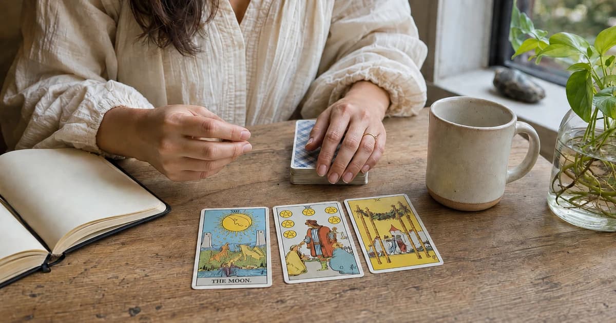 The Moon, Six of Pentacles, and Four of Wands laid in a row while a person rests a hand on a tarot deck beside a journal and mug.