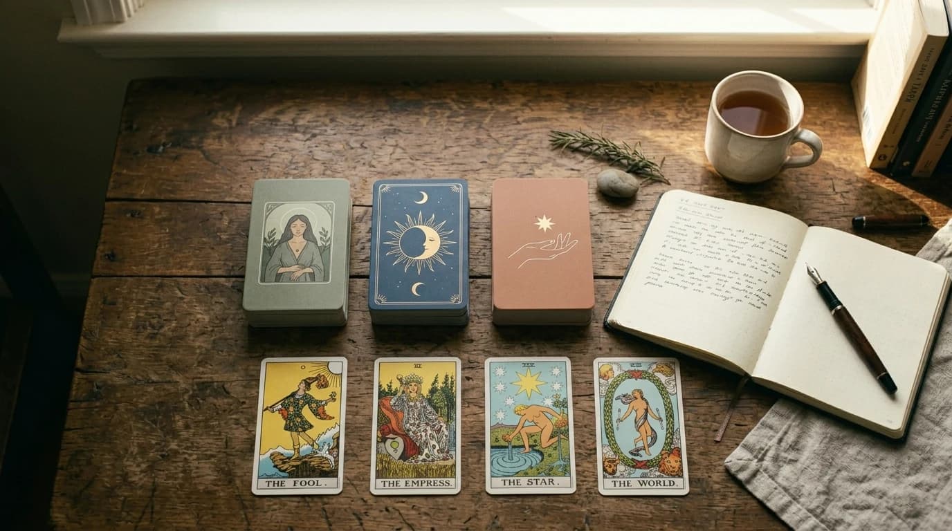 Three tarot decks above The Fool, The Empress, The Star, and The World cards beside an open journal.