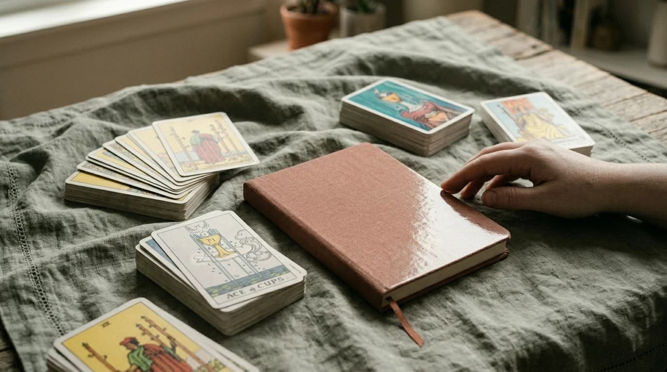 Several tarot decks with visible Ace of Cups and Three of Wands cards arranged around a closed journal on a cloth-covered table.
