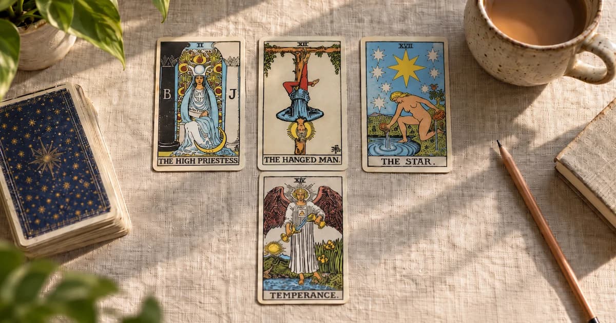 The High Priestess, The Hanged Man, The Star, and Temperance tarot cards arranged beside a tarot deck, pencil, and mug.