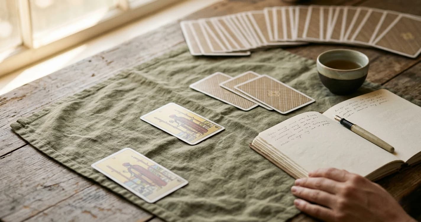 Two face-up Two of Wands cards with several face-down tarot cards beside an open journal and a cup of tea.
