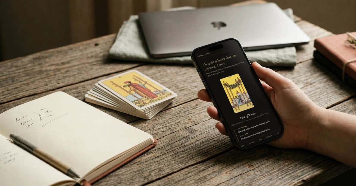 A hand holds a phone displaying a tarot app with the Four of Wands beside a tarot deck, open journal, and laptop on a wooden table.