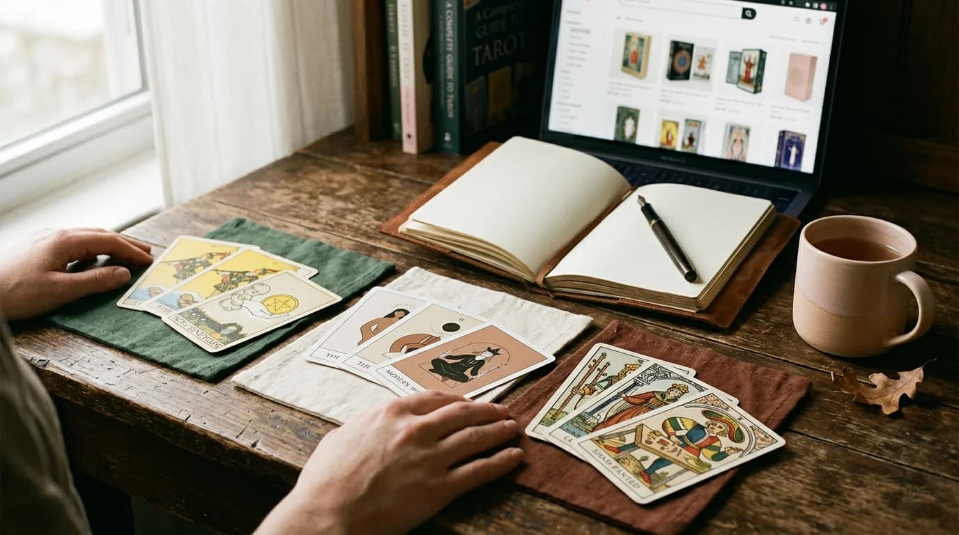 Three groups of tarot cards in different art styles spread beside a laptop showing tarot decks and an open journal.