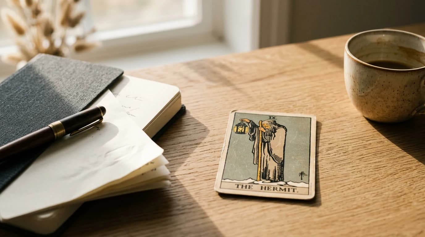 The Hermit tarot card beside an open handwritten journal, fountain pen, and mug on a wooden table.