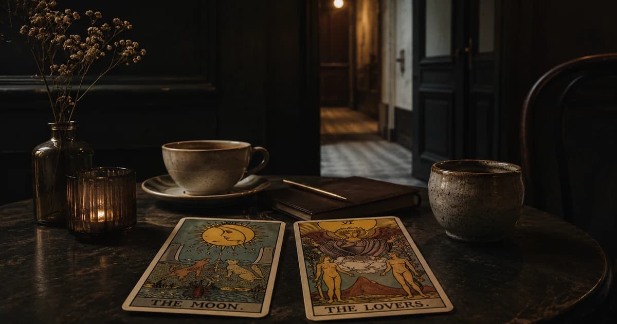 The Moon and The Lovers tarot cards on a dark café table beside two cups, a candle, and a closed notebook.