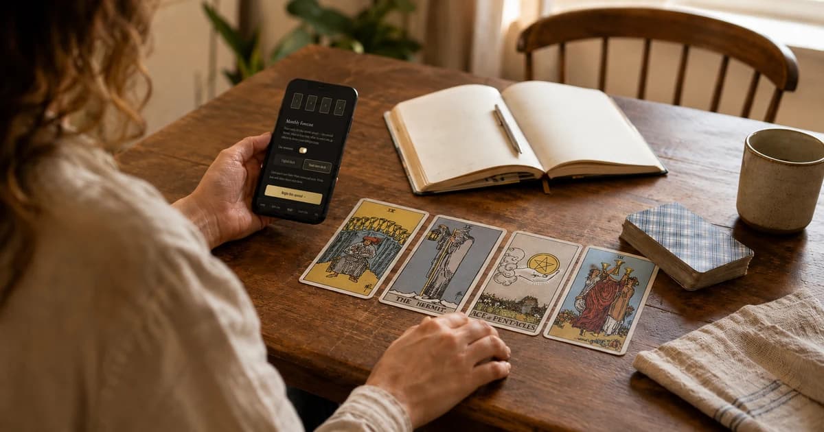 Nine of Cups, The Hermit, Ace of Pentacles, and Three of Cups tarot cards laid in a row while a person holds a tarot app on a smartphone.