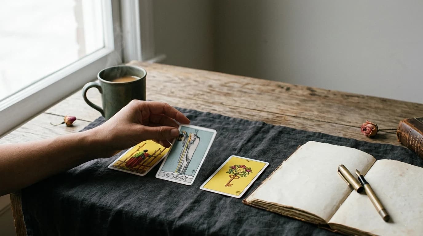 A hand lifts The Hermit card beside the Ace of Pentacles and another face-up tarot card, with an open journal and pen nearby.
