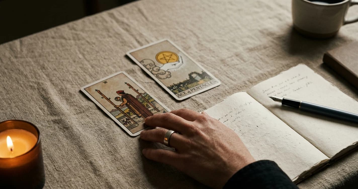 The Three of Wands and Ace of Pentacles tarot cards lie beside an open handwritten journal, a person's hand, and a lit candle.