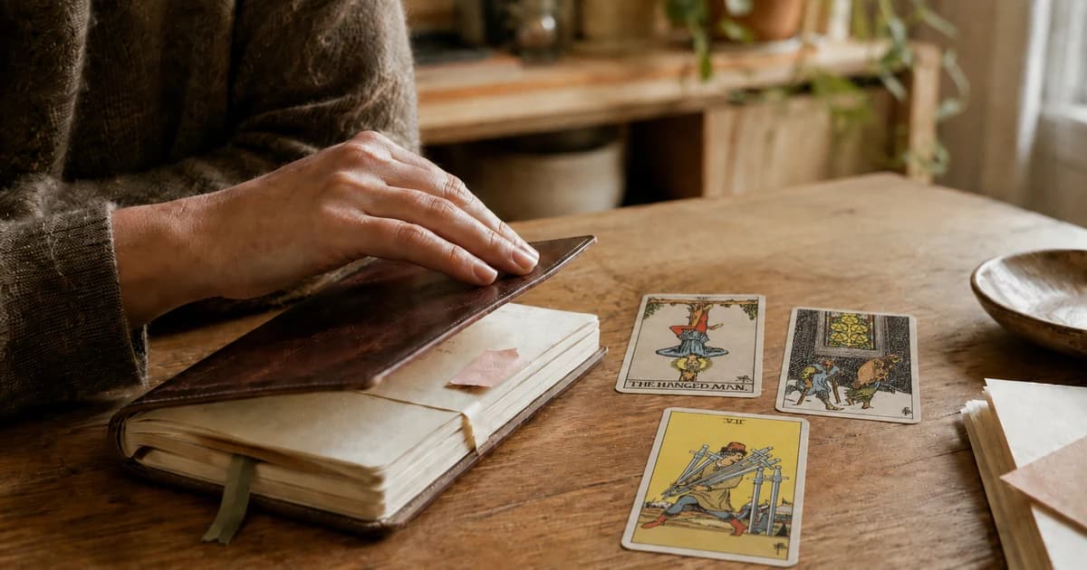 A hand rests on a journal beside The Hanged Man, Five of Pentacles, and Seven of Swords tarot cards on a wooden table.