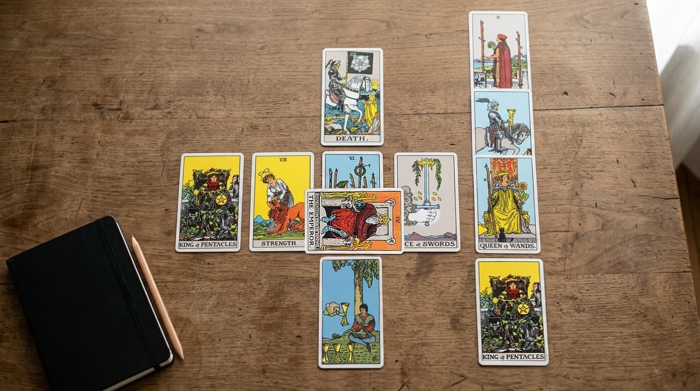 A Celtic Cross tarot spread with Death, Strength, the reversed Emperor, Ace of Swords, and other Rider-Waite-Smith cards beside a black notebook.