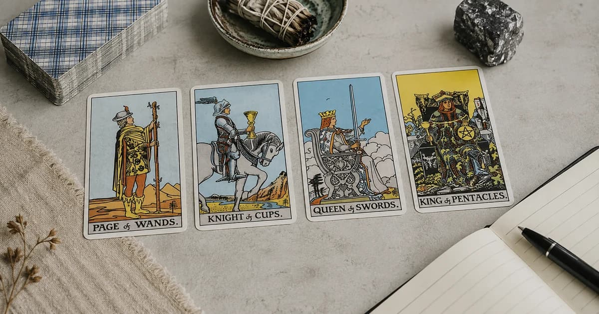 Four tarot court cards—Page of Wands, Knight of Cups, Queen of Swords, and King of Pentacles—laid in a row beside an open notebook.
