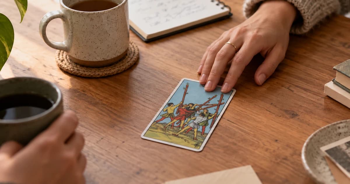 A hand rests beside the Five of Wands tarot card on a wooden table with two mugs and a notebook in the background.
