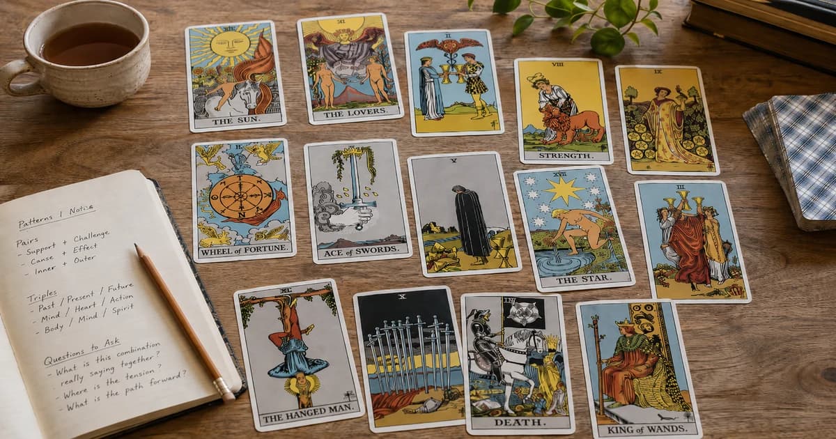 Rider-Waite-Smith tarot cards including The Sun, The Lovers, Wheel of Fortune, Strength, and The Star arranged beside a notebook of handwritten pattern notes.