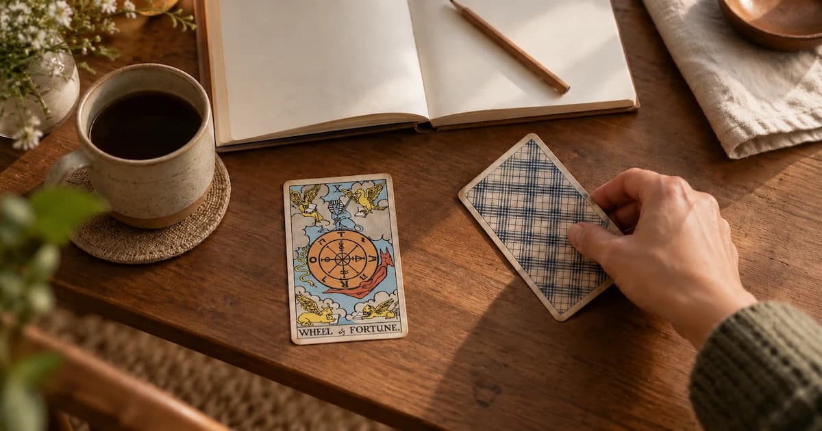 The Wheel of Fortune tarot card lies face-up beside a face-down tarot card held in one hand, with an open notebook and cup of coffee nearby.