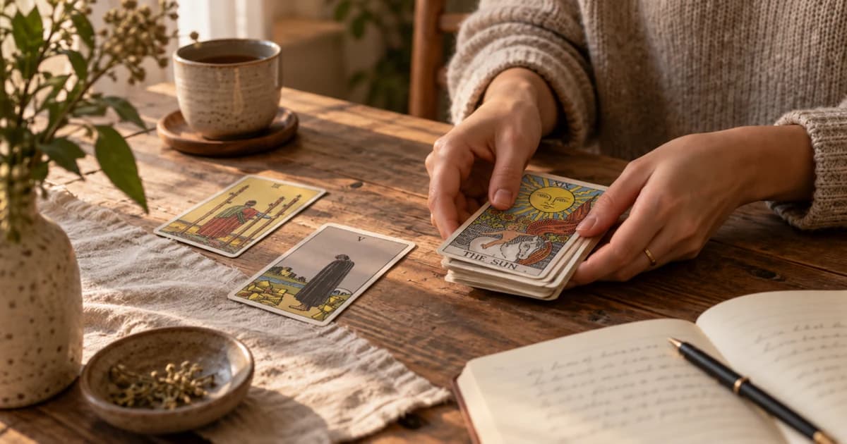 A person holds a tarot deck with The Sun on top beside Three of Wands, Five of Cups, an open journal, and a mug.
