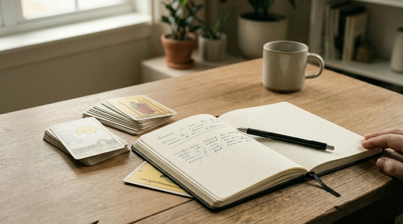 The Ace of Pentacles card and two tarot decks beside an open handwritten journal and pen on a wooden table.