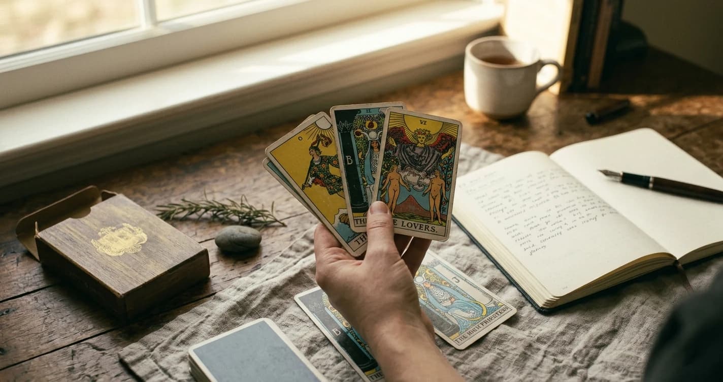 A hand holds The Fool, The High Priestess, and The Lovers tarot cards above an open tarot journal.