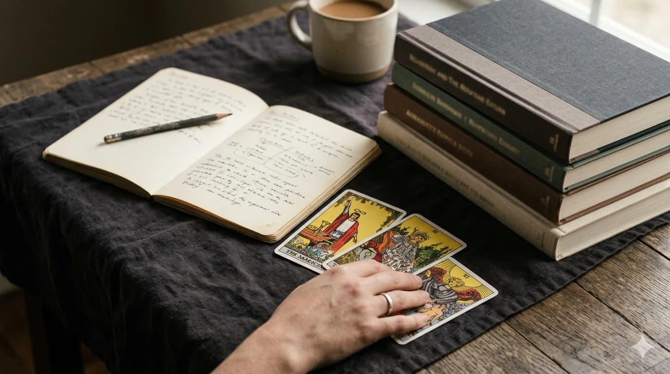 The Magician and The Empress cards beside a partially covered third tarot card, an open notebook, and stacked books.