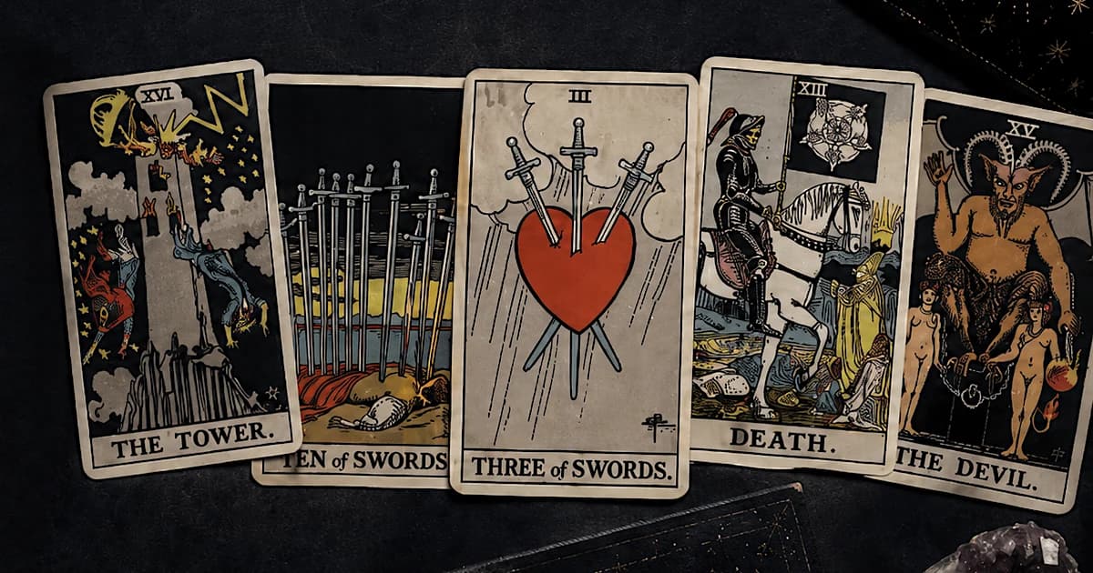 The Tower, Ten of Swords, Three of Swords, Death, and The Devil tarot cards fanned across a dark cloth.