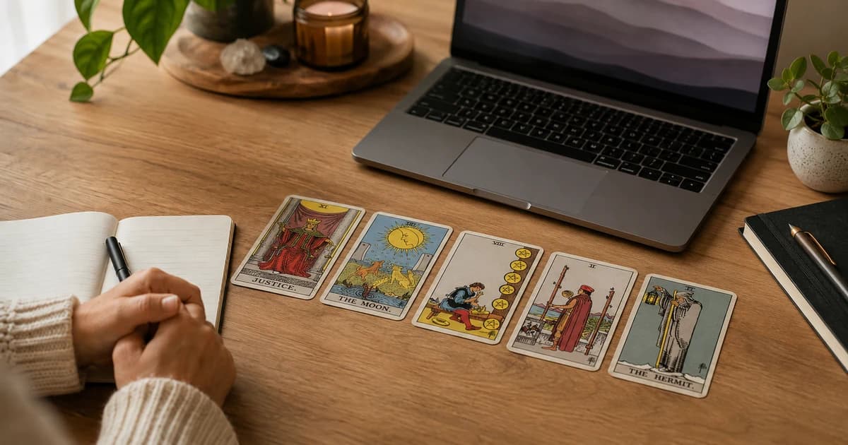 Justice, The Moon, Eight of Pentacles, Two of Wands, and The Hermit tarot cards arranged in a five-card spread beside an open notebook and laptop.