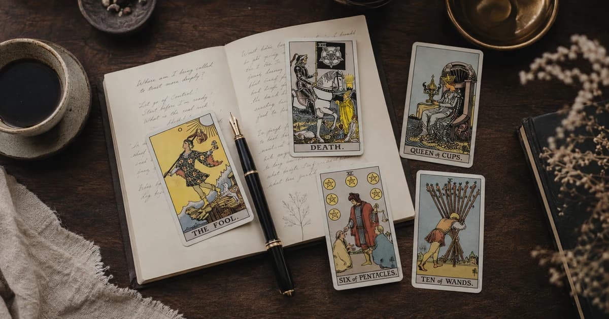 The Fool, Death, Queen of Cups, Six of Pentacles, and Ten of Wands tarot cards arranged around an open handwritten journal and pen.