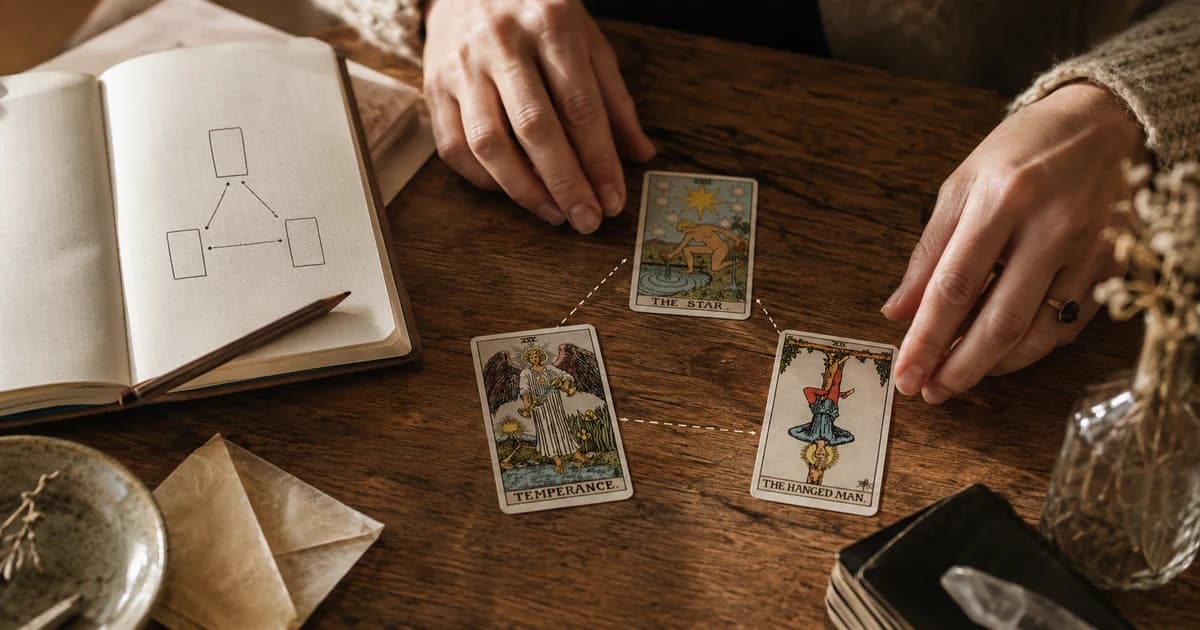 Temperance, The Star, and The Hanged Man arranged as a connected three-card tarot spread beside a notebook diagram.
