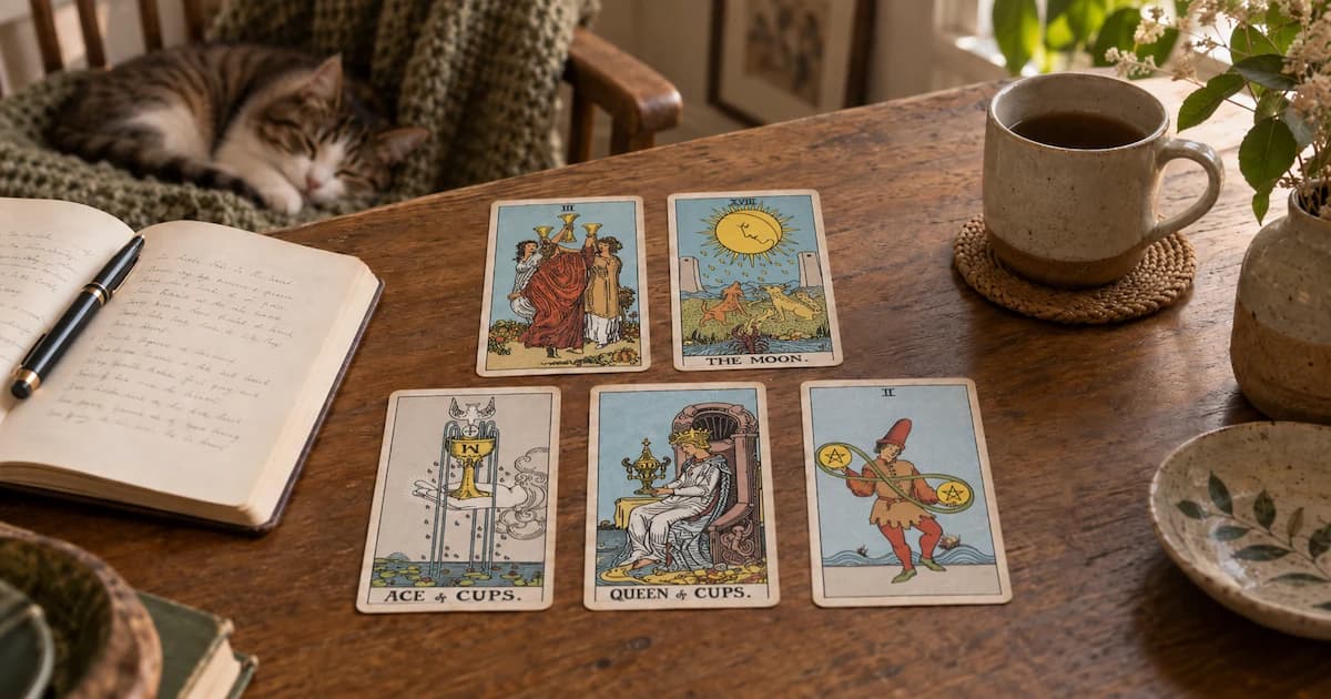 Three of Cups, The Moon, Ace of Cups, Queen of Cups, and Two of Pentacles tarot cards arranged in a five-card spread beside an open journal and a sleeping cat.