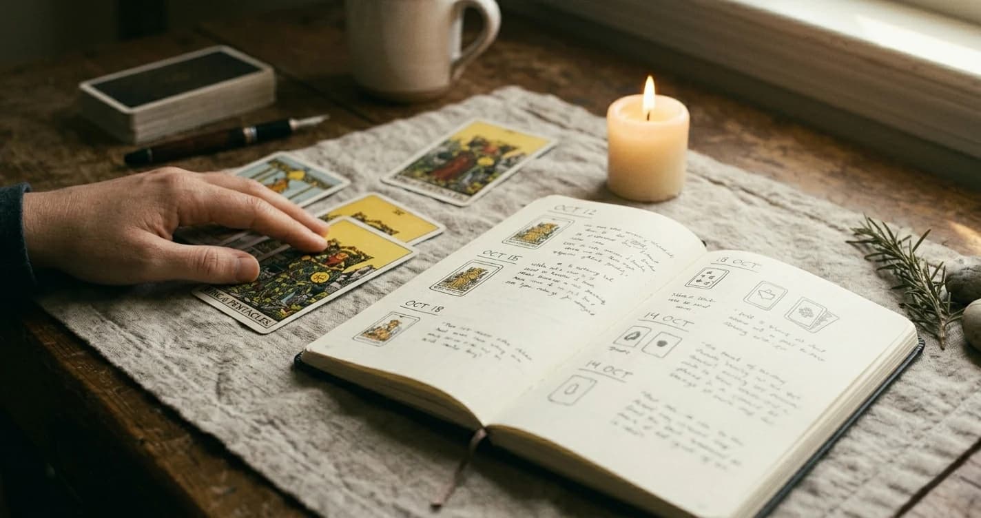 A hand rests on the Queen of Pentacles tarot card beside an open dated tarot journal and a lit candle.