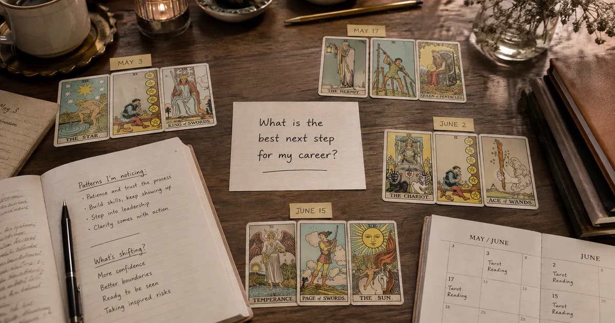 Several dated tarot spreads arranged around a handwritten career question, journal notes, and a calendar.