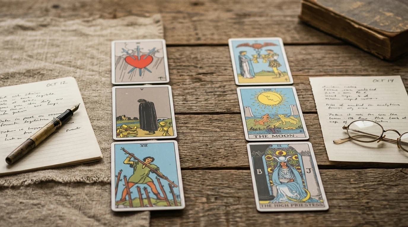 A six-card tarot spread with the Three of Swords, Five of Cups, Seven of Wands, Two of Cups, The Moon, and The High Priestess laid between two dated journal pages.