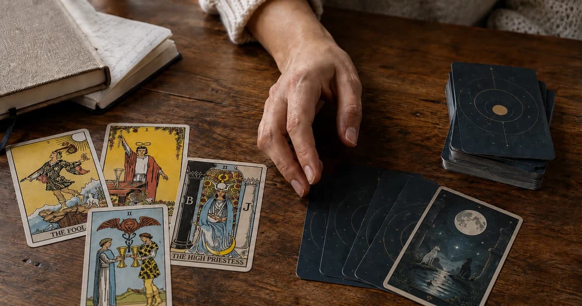 Four Rider-Waite-Smith tarot cards including The Fool, The Magician, The High Priestess, and Two of Cups beside a modern dark tarot deck and a moonlit card.