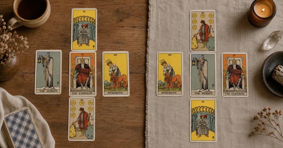 Two arrangements of the same five tarot cards—Nine of Cups, The Hermit, The Emperor, Strength, and Six of Pentacles—laid in different positions side by side.