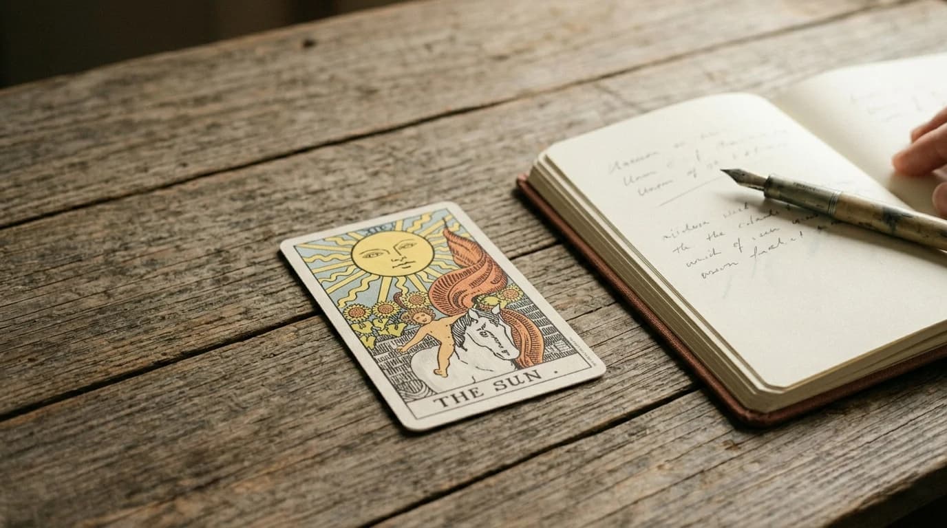 The Sun tarot card beside an open handwritten journal and fountain pen on a wooden table.