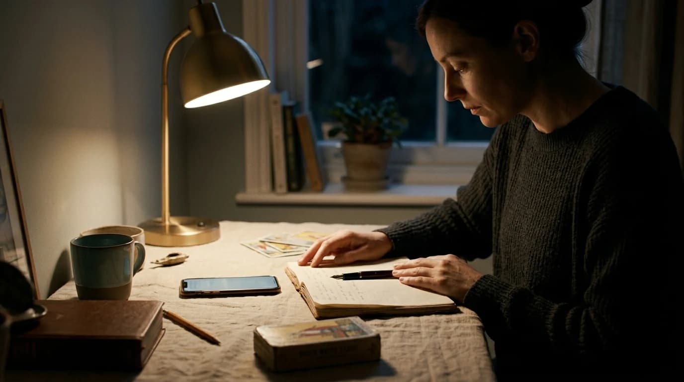 A person writing in a journal at a lamp-lit table at night, with tarot cards, a smartphone, and a cup nearby.