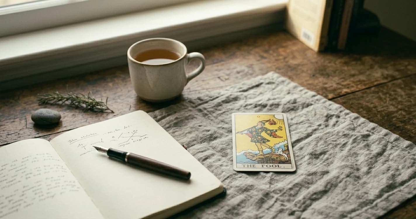 The Fool tarot card beside an open handwritten journal, fountain pen, and mug on a wooden table.