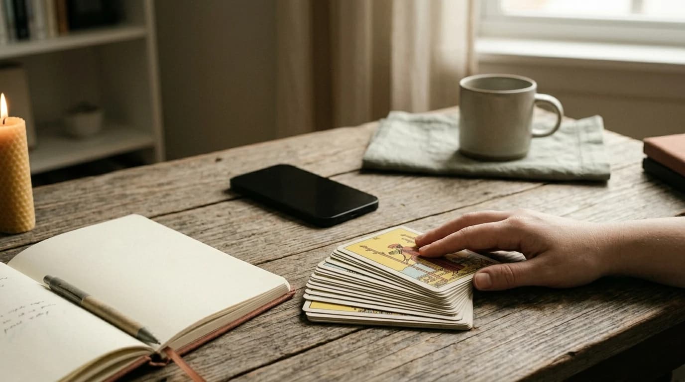 A hand rests on a spread tarot deck beside an open notebook, pen, phone, candle, and mug.