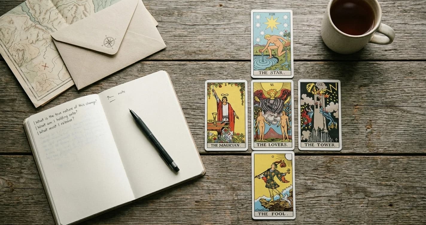 The Star, The Magician, The Lovers, The Tower, and The Fool tarot cards arranged beside an open notebook, map, envelope, and cup of tea.